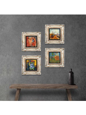 Pinecone Stone Picasso, Van Gogh Çerçeveli Taş Duvar Tablosu 4’lü Set - Dekoratif Modern Sanat, Ev ve Ofis Dekoru |TK4-690|