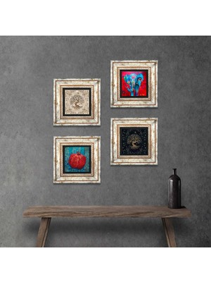 Pinecone Fil, Hayat Ağacı, Nar Taş Duvar Tablosu Çerçeveli Duvar Dekoru 4 Parça Tablo Seti Wall Art T4-851