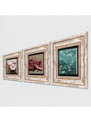 Pinecone Van Gogh Badem Ağacı, Kelebekli Çiçek, Nar Taş Duvar Tablosu Çerçeveli Duvar Dekoru 3 Parça Tablo Seti Wall Art T3-1216