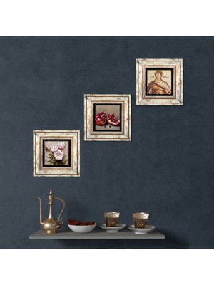 Pinecone Stone Soteria Mozaiği, Kelebekli Çiçek, Nar Çerçeveli Taş Duvar Tablosu 3’lü Set - Dekoratif Modern Sanat, Ev ve Ofis Dekoru |TK3-1221|