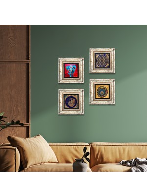 Pinecone Fil, Tavus Kuşu, Yaşam Çiçeği, Nazar Taş Duvar Tablosu Çerçeveli Duvar Dekoru 4 Parça Tablo Seti Wall Art T4-315