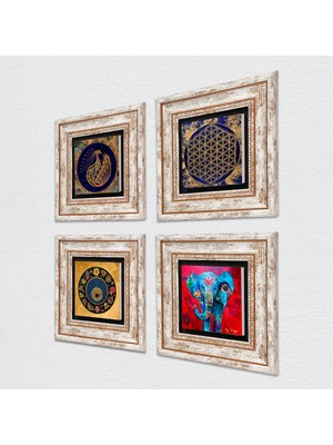 Pinecone Fil, Tavus Kuşu, Yaşam Çiçeği, Nazar Taş Duvar Tablosu Çerçeveli Duvar Dekoru 4 Parça Tablo Seti Wall Art T4-315