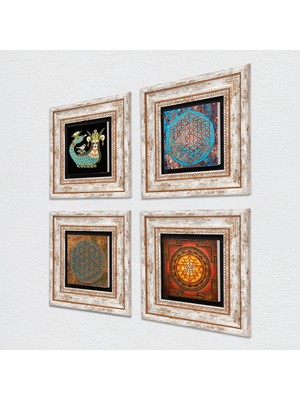 Pinecone Yaşam Çiçeği, Sri Yantra, Şahmeran Taş Duvar Tablosu Çerçeveli Duvar Dekoru 4 Parça Tablo Seti Wall Art T4-468