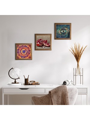 Pinecone Stone Mandala, Nazar, Nar Ahşap Çerçeveli Taş Duvar Tablosu 3’lü Set – 25x25 cm Dekoratif Modern Sanat – Ev ve Ofis Dekoru |W3-1682|