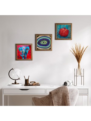 Pinecone Stone Fil, Nazar, Nar Ahşap Çerçeveli Taş Duvar Tablosu 3’lü Set – 25x25 cm Dekoratif Modern Sanat – Ev ve Ofis Dekoru |W3-175|