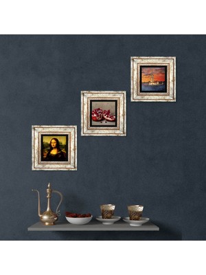 Pinecone Stone İstanbul Kız Kulesi, Leonardo da Vinci Mona Lisa, Nar Çerçeveli Taş Duvar Tablosu 3’lü Set - Dekoratif Modern Sanat, Ev ve Ofis Dekoru |TK3-1415|