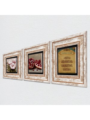 Pinecone Nazar Duası, Kelebekli Çiçek, Nar Taş Duvar Tablosu Çerçeveli Duvar Dekoru 3 Parça Tablo Seti Wall Art T3-1230