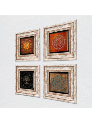 Pinecone Yaşam Çiçeği, Sri Yantra, Mandala, Hayat Ağacı Taş Duvar Tablosu Çerçeveli Duvar Dekoru 4 Parça Tablo Seti Wall Art T4-506