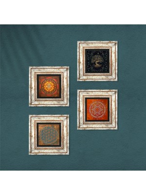 Pinecone Yaşam Çiçeği, Sri Yantra, Mandala, Hayat Ağacı Taş Duvar Tablosu Çerçeveli Duvar Dekoru 4 Parça Tablo Seti Wall Art T4-506