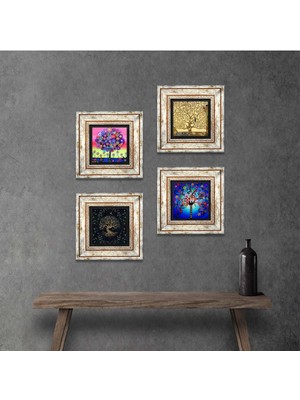 Pinecone Stone Hayat Ağacı Çerçeveli Taş Duvar Tablosu 4’lü Set - Dekoratif Modern Sanat, Ev ve Ofis Dekoru |TK4-659|