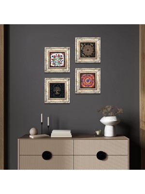 Pinecone Stone Mandala, Sri Yantra, Lale, Hayat Ağacı Çerçeveli Taş Duvar Tablosu 4’lü Set - Dekoratif Modern Sanat, Ev ve Ofis Dekoru |TK4-1012|