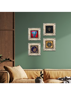 Pinecone Stone Fil, Tavus Kuşu, Hayat Ağacı, Nazar Çerçeveli Taş Duvar Tablosu 4’lü Set - Dekoratif Modern Sanat, Ev ve Ofis Dekoru |TK4-309|