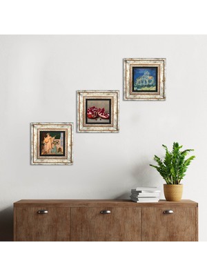 Pinecone Stone Van Gogh Auvers'deki Kilise, İki Müzisyen Kız Tablosu, Nar Çerçeveli Taş Duvar Tablosu 3’lü Set - Dekoratif Modern Sanat, Ev ve Ofis Dekoru |TK3-1513|