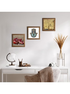 Pinecone Stone Gustav Klimt Hayat Ağacı, Nar, Fatma Ana Eli (Hamsa) Ahşap Çerçeveli Taş Duvar Tablosu 3’lü Set – 25x25 cm Dekoratif Modern Sanat – Ev ve Ofis Dekoru |W3-711|