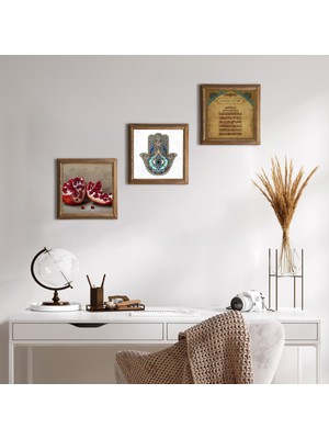 Pinecone Stone Ayet-el Kürsi, Nar, Fatma Ana Eli (Hamsa) Ahşap Çerçeveli Taş Duvar Tablosu 3’lü Set – 25x25 cm Dekoratif Modern Sanat – Ev ve Ofis Dekoru |W3-729|