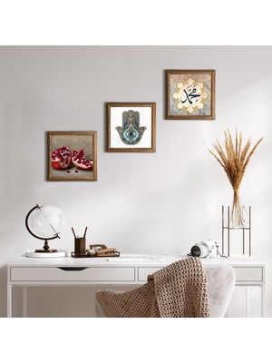 Pinecone Stone Hz. Muhammed Lafzı, Nar, Fatma Ana Eli (Hamsa) Ahşap Çerçeveli Taş Duvar Tablosu 3’lü Set – 25x25 cm Dekoratif Modern Sanat – Ev ve Ofis Dekoru |W3-734|