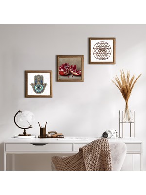 Pinecone Stone Sri Yantra, Nar, Fatma Ana Eli (Hamsa) Ahşap Çerçeveli Taş Duvar Tablosu 3’lü Set – 25x25 cm Dekoratif Modern Sanat – Ev ve Ofis Dekoru |W3-741|