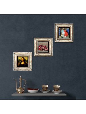 Pinecone Stone Kaplumbağa Terbiyecisi, Leonardo da Vinci Mona Lisa, Nar Çerçeveli Taş Duvar Tablosu 3’lü Set - Dekoratif Modern Sanat, Ev ve Ofis Dekoru |TK3-1403|