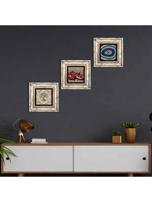 Pinecone Stone Nazar, Hayat Ağacı, Nar Çerçeveli Taş Duvar Tablosu 3’lü Set - Dekoratif Modern Sanat, Ev ve Ofis Dekoru |TK3-936|