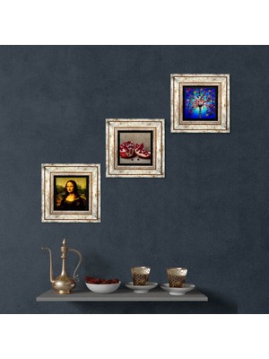 Pinecone Stone Hayat Ağacı, Leonardo da Vinci Mona Lisa, Nar Çerçeveli Taş Duvar Tablosu 3’lü Set - Dekoratif Modern Sanat, Ev ve Ofis Dekoru |TK3-1418|