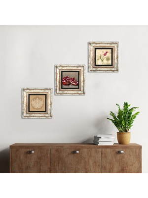 Pinecone Stone Lotus Çiçeği, Lale Ebru Sanatı, Nar Çerçeveli Taş Duvar Tablosu 3’lü Set - Dekoratif Modern Sanat, Ev ve Ofis Dekoru |TK3-1628|