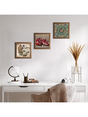 Pinecone Stone Mandala, Kelebekli Çiçek, Nar Ahşap Çerçeveli Taş Duvar Tablosu 3’lü Set – 25x25 cm Dekoratif Modern Sanat – Ev ve Ofis Dekoru |W3-1103|