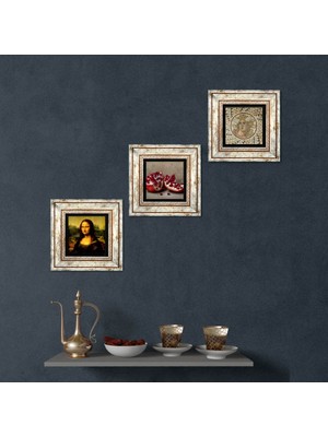 Pinecone Stone Mozaik Serisi, Leonardo da Vinci Mona Lisa, Nar Çerçeveli Taş Duvar Tablosu 3’lü Set - Dekoratif Modern Sanat, Ev ve Ofis Dekoru |TK3-1413|