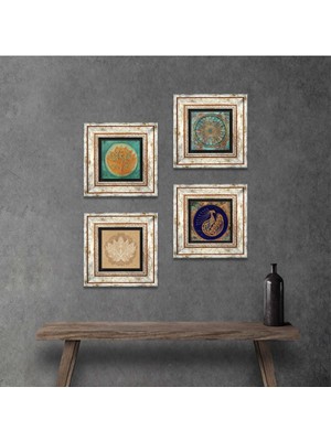 Pinecone Stone Tavus Kuşu, Yaşam Çiçeği, Lotus Çiçeği Çerçeveli Taş Duvar Tablosu 4’lü Set - Dekoratif Modern Sanat, Ev ve Ofis Dekoru |TK4-671|