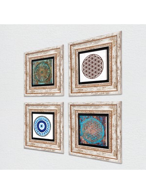 Pinecone Nazar, Yaşam Çiçeği Taş Duvar Tablosu Çerçeveli Duvar Dekoru 4 Parça Tablo Seti Wall Art T4-837