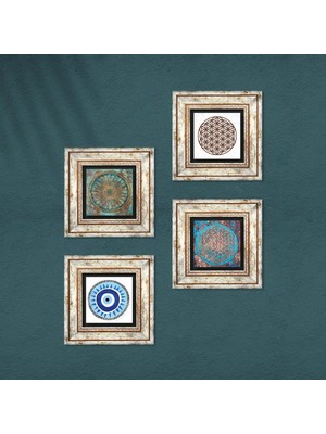 Pinecone Nazar, Yaşam Çiçeği Taş Duvar Tablosu Çerçeveli Duvar Dekoru 4 Parça Tablo Seti Wall Art T4-837