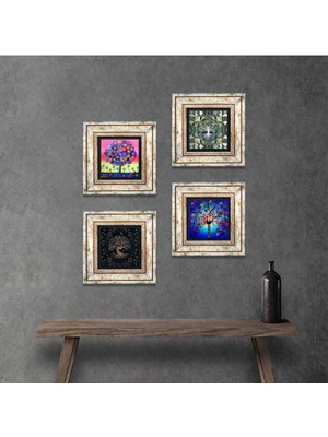 Pinecone Stone Hayat Ağacı Çerçeveli Taş Duvar Tablosu 4’lü Set - Dekoratif Modern Sanat, Ev ve Ofis Dekoru |TK4-660|