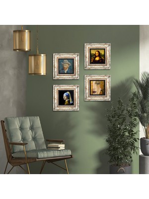 Pinecone Stone İnci Küpeli Kız, Van Gogh, Gustav Klimt, Leonardo da Vinci Çerçeveli Taş Duvar Tablosu 4’lü Set - Dekoratif Modern Sanat, Ev ve Ofis Dekoru |TK4-83|