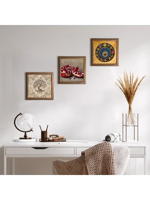 Pinecone Stone Nazar Boncuğu, Hayat Ağacı, Nar Ahşap Çerçeveli Taş Duvar Tablosu 3’lü Set – 25x25 cm Dekoratif Modern Sanat – Ev ve Ofis Dekoru |W3-910|