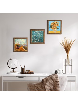 Pinecone Stone Van Gogh Ahşap Çerçeveli Taş Duvar Tablosu 3’lü Set – 25x25 cm Dekoratif Modern Sanat – Ev ve Ofis Dekoru |W3-93|