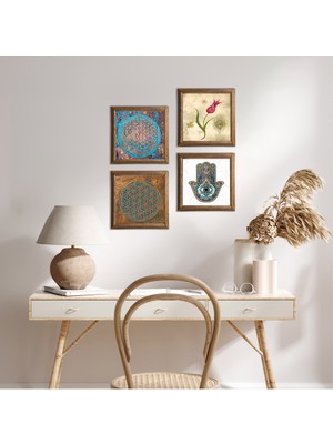 Pinecone Stone Yaşam Çiçeği, Lale, Fatma Ana Eli (Hamsa) Ahşap Çerçeveli Taş Duvar Tablosu 4’lü Set – 25x25 cm Dekoratif Modern Sanat – Ev ve Ofis Dekoru |W4-406|