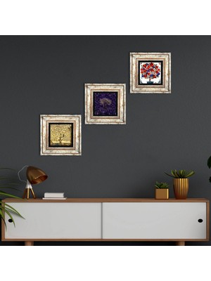 Pinecone Stone Hayat Ağacı, Nar Ağacı Çerçeveli Taş Duvar Tablosu 3’lü Set - Dekoratif Modern Sanat, Ev ve Ofis Dekoru |TK3-1766|
