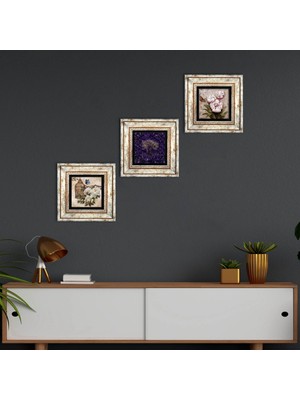 Pinecone Stone Hayat Ağacı, Kelebekli Çiçek Çerçeveli Taş Duvar Tablosu 3’lü Set - Dekoratif Modern Sanat, Ev ve Ofis Dekoru |TK3-1767|