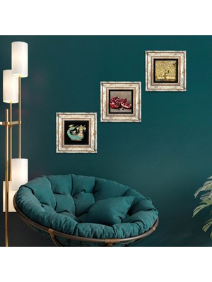 Pinecone Stone Gustav Klimt Hayat Ağacı, Şahmeran, Nar Çerçeveli Taş Duvar Tablosu 3’lü Set - Dekoratif Modern Sanat, Ev ve Ofis Dekoru |TK3-964|