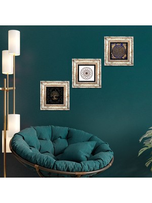 Pinecone Stone Yaşam Çiçeği, Hayat Ağacı Çerçeveli Taş Duvar Tablosu 3’lü Set - Dekoratif Modern Sanat, Ev ve Ofis Dekoru |TK3-170|