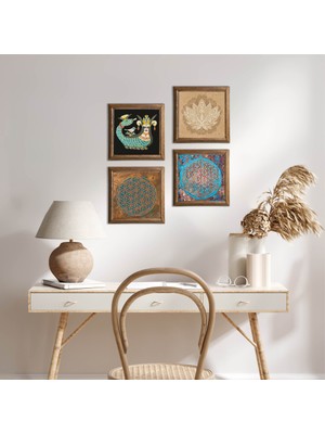 Pinecone Stone Yaşam Çiçeği, Lotus Çiçeği, Hayat Ağacı, Şahmeran Ahşap Çerçeveli Taş Duvar Tablosu 4’lü Set – 25x25 cm Dekoratif Modern Sanat – Ev ve Ofis Dekoru |W4-822|