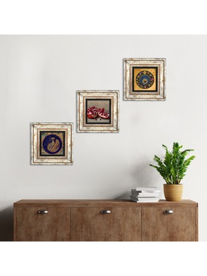 Pinecone Stone Tavus Kuşu, Nazar Boncuğu, Nar Çerçeveli Taş Duvar Tablosu 3’lü Set - Dekoratif Modern Sanat, Ev ve Ofis Dekoru |TK3-1607|
