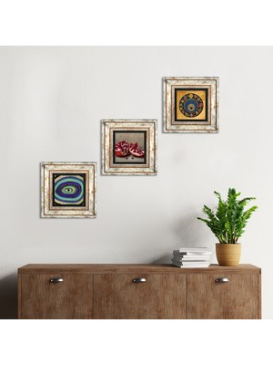 Pinecone Stone Nazar, Nar Çerçeveli Taş Duvar Tablosu 3’lü Set - Dekoratif Modern Sanat, Ev ve Ofis Dekoru |TK3-1611|