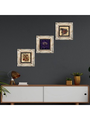 Pinecone Stone Hayat Ağacı, Vintage Çiçek Çerçeveli Taş Duvar Tablosu 3’lü Set - Dekoratif Modern Sanat, Ev ve Ofis Dekoru |TK3-1772|