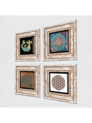 Pinecone Yaşam Çiçeği, Şahmeran Taş Duvar Tablosu Çerçeveli Duvar Dekoru 4 Parça Tablo Seti Wall Art T4-472