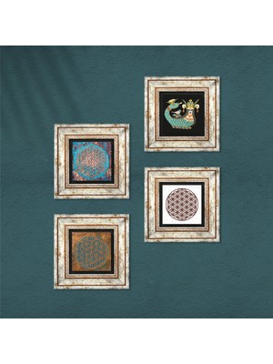 Pinecone Yaşam Çiçeği, Şahmeran Taş Duvar Tablosu Çerçeveli Duvar Dekoru 4 Parça Tablo Seti Wall Art T4-472