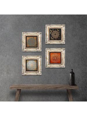 Pinecone Stone Yaşam Çiçeği, Sri Yantra Çerçeveli Taş Duvar Tablosu 4’lü Set - Dekoratif Modern Sanat, Ev ve Ofis Dekoru |TK4-559|