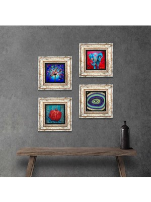 Pinecone Stone Fil, Nazar, Hayat Ağacı, Nar Çerçeveli Taş Duvar Tablosu 4’lü Set - Dekoratif Modern Sanat, Ev ve Ofis Dekoru |TK4-865|