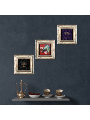 Pinecone Stone Kuş, Hayat Ağacı Çerçeveli Taş Duvar Tablosu 3’lü Set - Dekoratif Modern Sanat, Ev ve Ofis Dekoru |TK3-1925|
