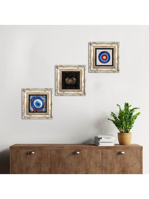 Pinecone Stone Nazar, Horus'un Gözü Çerçeveli Taş Duvar Tablosu 3’lü Set - Dekoratif Modern Sanat, Ev ve Ofis Dekoru |TK3-1956|