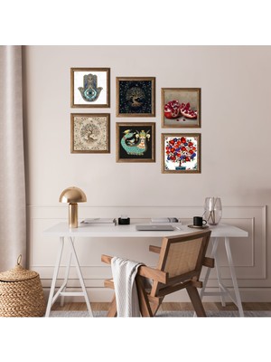 Pinecone Şahmeran, Hayat Ağacı, Nar, Nar Ağacı, Fatma Ana Eli (Hamsa) Taş Duvar Tablosu Ahşap Çerçeveli Duvar Dekoru 6 Parça Tablo Seti Wall Art W6-32